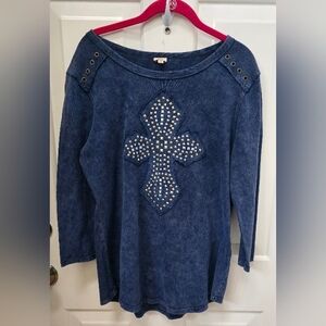 Reba Women's Blue Embellished Cross Top Long Sleeves Size L